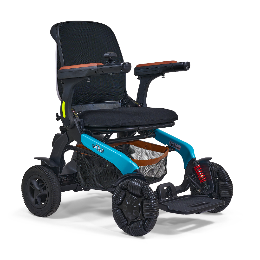 The Golden Tech Ally Pro Smart All-Terrain Power Wheelchair with APP Control is lightweight, foldable, and features omni-directional wheels. It has a black seat/backrest, blue/black frame, wooden armrests, and mesh storage under the seat. Advanced robotics enhance its performance.